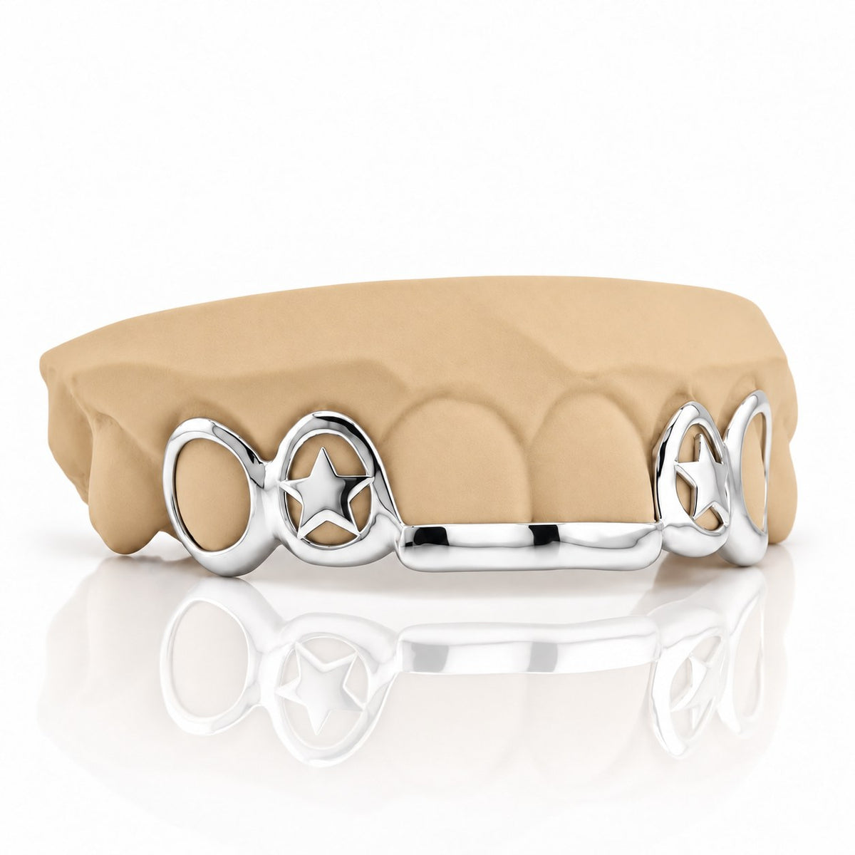 Custom top grillz with open face caps, 3D star cutouts and a front bar, white 925 sterling silver - angle 2
