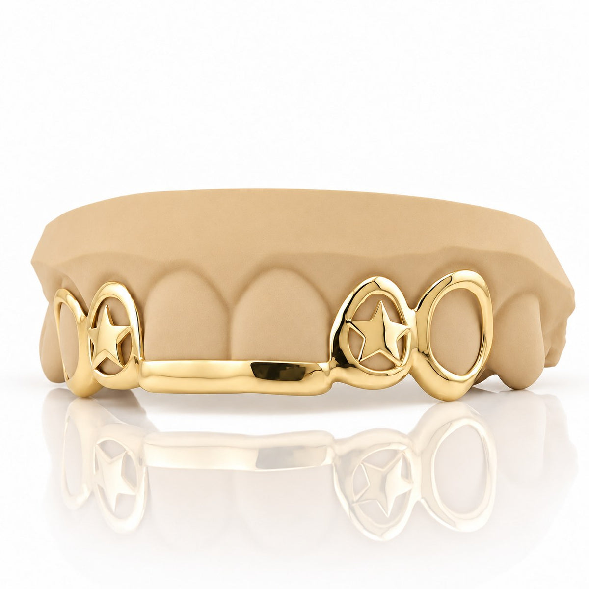 Custom top grillz with open face caps, 3D star cutouts and a front bar, yellow gold plated 925 silver - angle 3