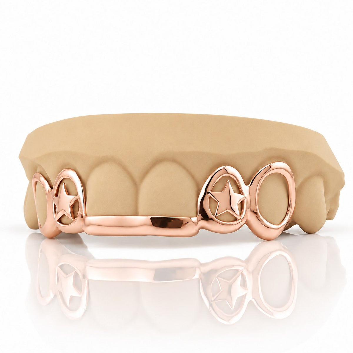 Custom top grillz with open face caps, 3D star cutouts and a front bar, rose gold plated 925 silver - angle 3