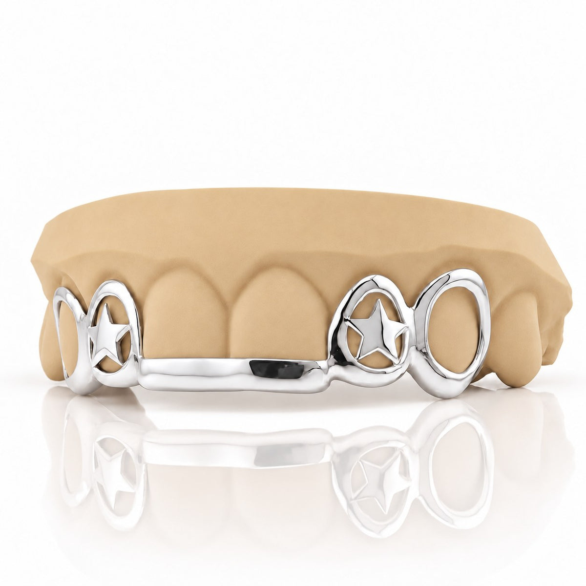 Custom top grillz with open face caps, 3D star cutouts and a front bar, white 925 sterling silver - angle 3