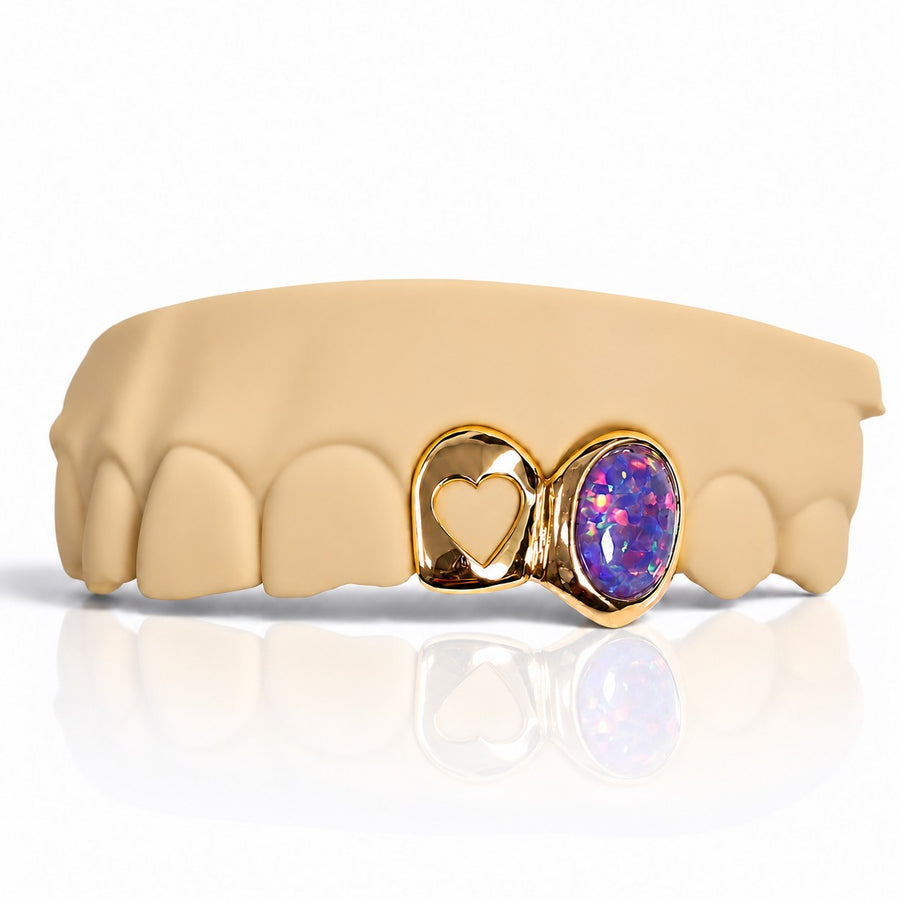 Custom 2pcs Open Heart with Purple Opal Stone Grillz: 925 Sterling Silver (Free Mold Kit)