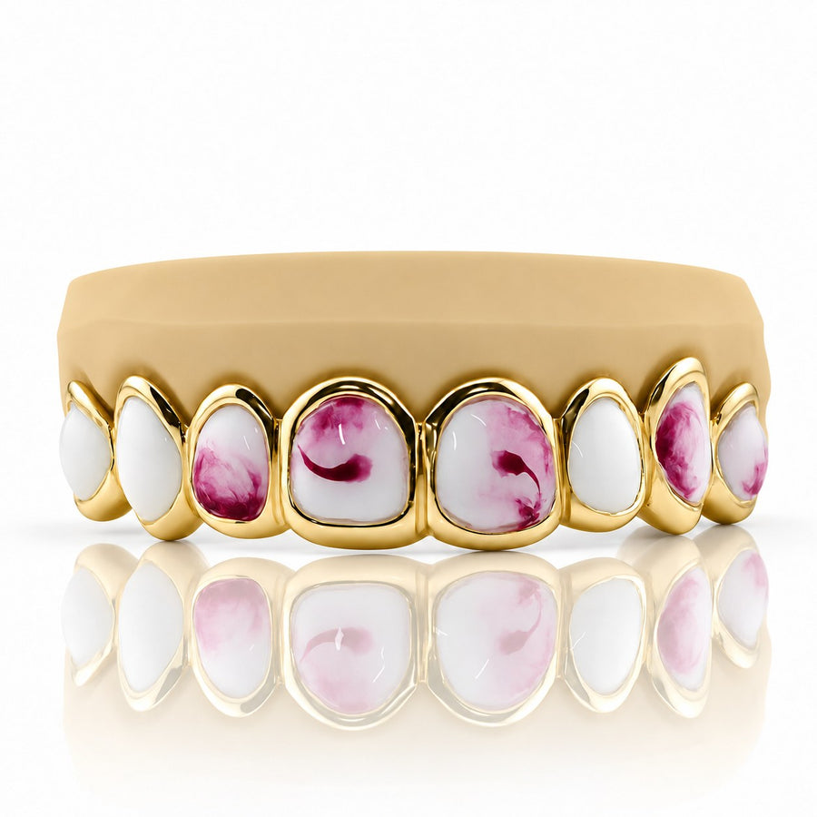 Custom 8pcs Red and White Marble Enamel Grillz: 925 Sterling Silver (Free Mold Kit)