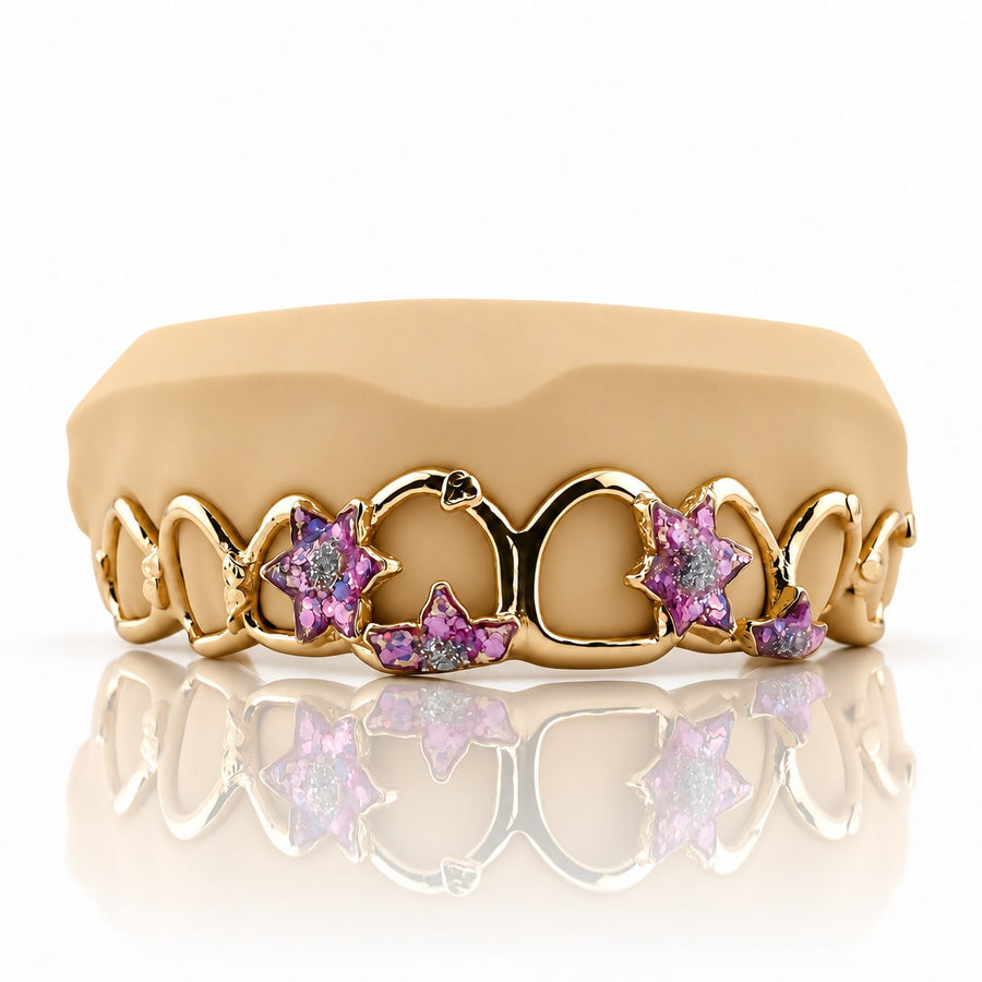 Custom 8pcs 3D Pink Enamel Floral Vine Grillz: 925 Sterling Silver (Free Mold Kit)