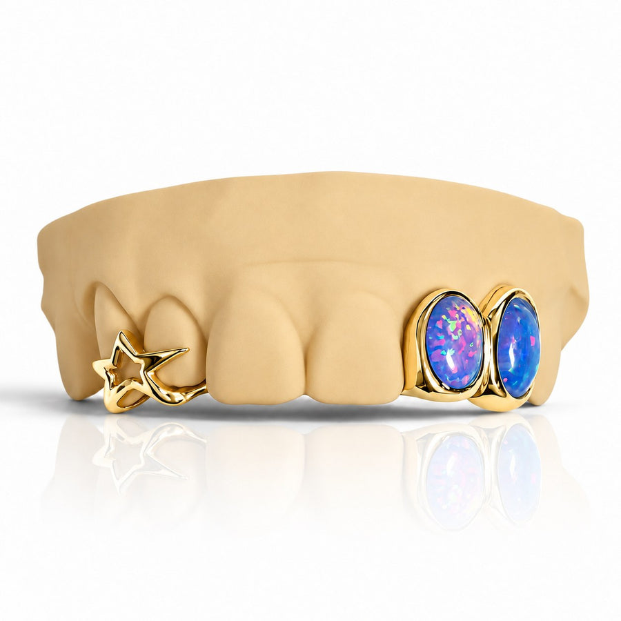 Custom 6pc Blue Opals with Big 3D Stars GRILLZ: 925 Sterling Silver (Free Mold Kit)