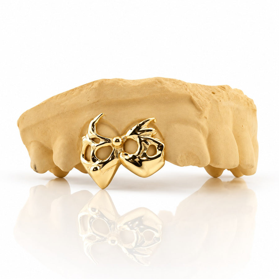 Custom 2pc top grillz with openwork bow design, yellow gold plated 925 silver - angle 1