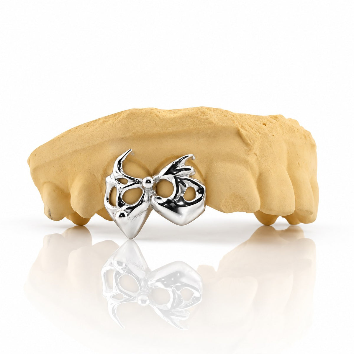 Custom 2pc top grillz with openwork bow design, white 925 sterling silver - angle 1