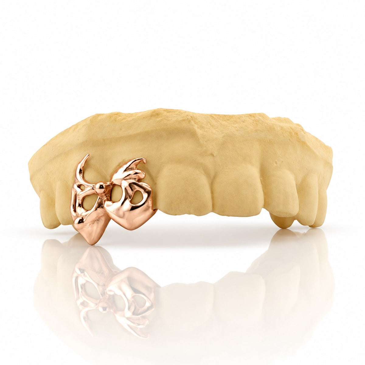 Custom 2pc top grillz with openwork bow design, rose gold plated 925 silver - angle 2