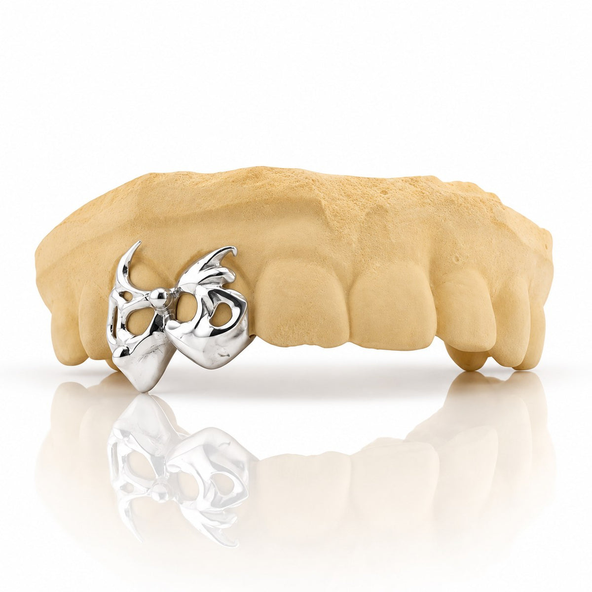 Custom 2pc top grillz with openwork bow design, white 925 sterling silver - angle 2