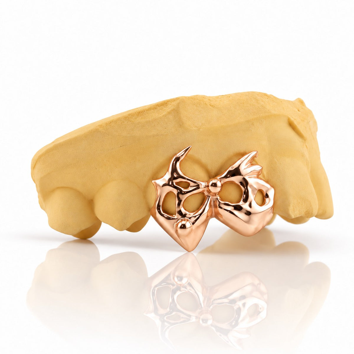 Custom 2pc top grillz with openwork bow design, rose gold plated 925 silver - angle 3