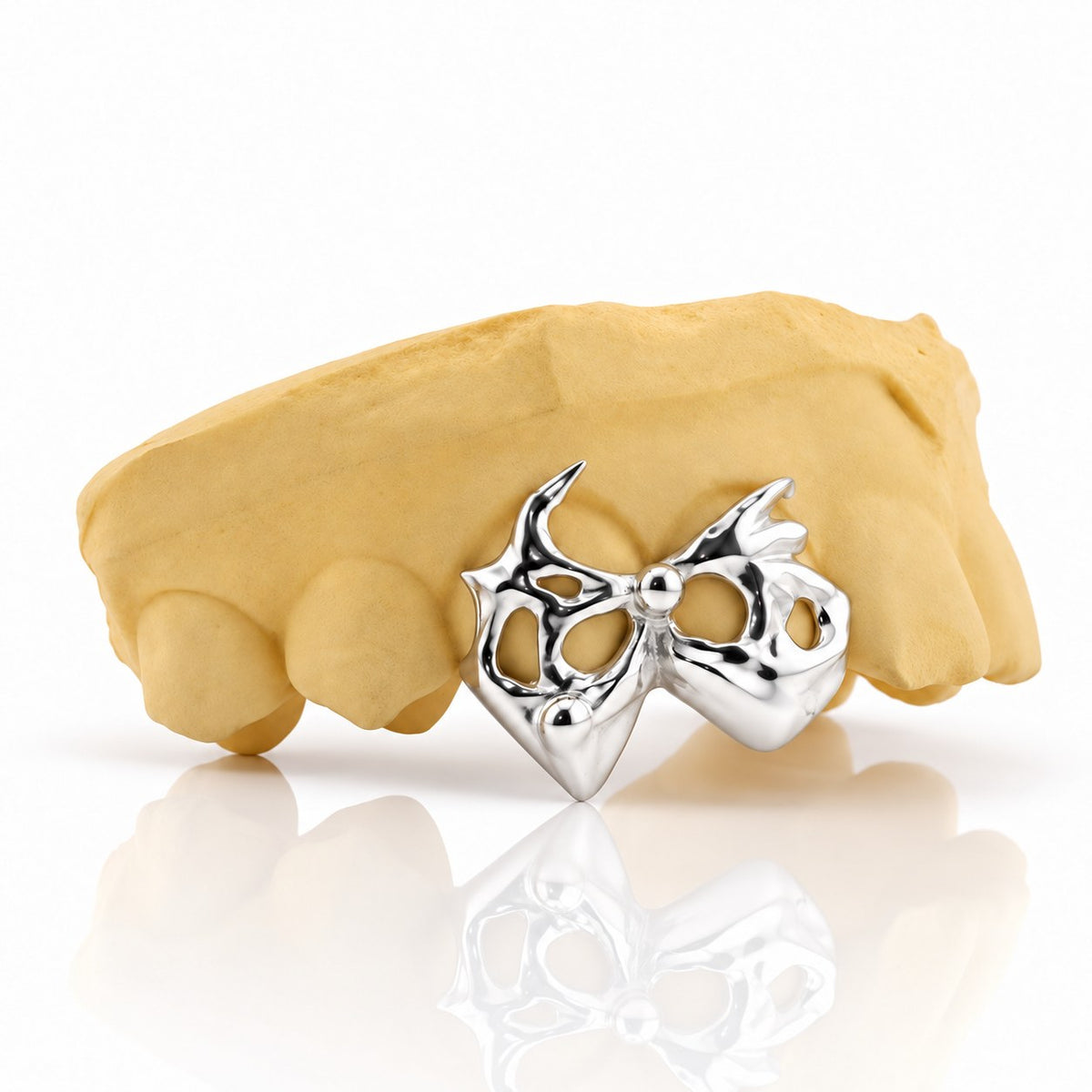 Custom 2pc top grillz with openwork bow design, white 925 sterling silver - angle 3